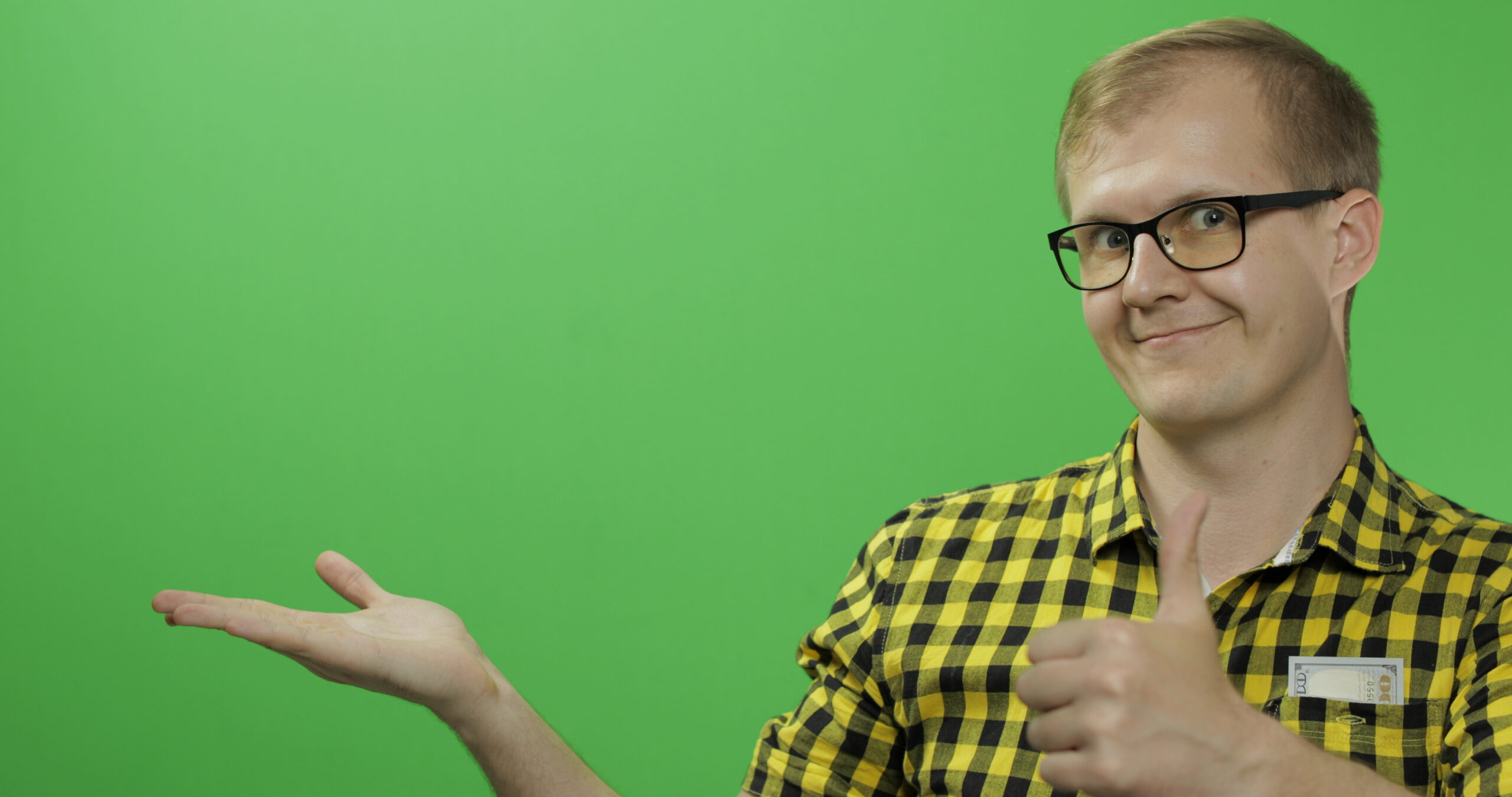 Caucasian man showing something. place for your logo or text. chroma key